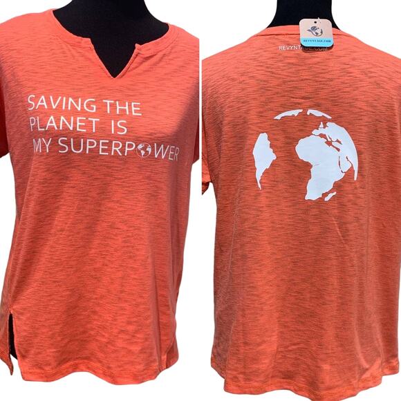 Hand Printed Upcycled Womens Medium Saving the Planet is My Superpower Tee - Picture 1 of 3